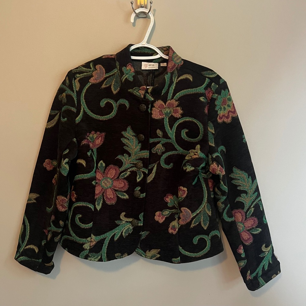 Y2K Floral Tapestry Jacket Blazer Button Front Petite L Boho Artsy Indie Career